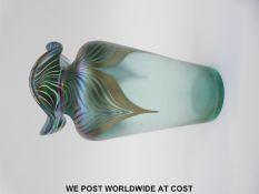 Stuart Abelman iridescent glass vase with pulled feather decoration and collared neck with wavy rim