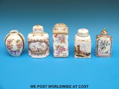 Four Continental porcelain tea caddies and a vase including one bearing a Sevres mark (tallest