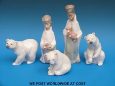 Lladro figures to include Balthazar King, Melchior King and two polar bears,