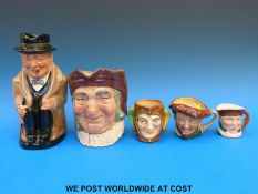 Royal Doulton large Toby jug Winston Churchill, large character jug Simon Cellarer, small Jester,