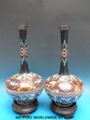 A pair of Chinese cloisonné vases on hardwood stands (35cm tall with stand)