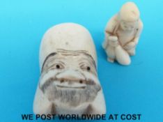 A Japanese carved bone netsuke and an ivory figure.