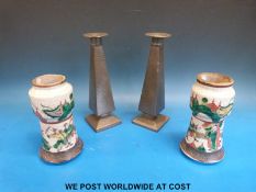 A pair of Craftsman pewter Art Deco candlesticks of hammered design (height 23cm) together with a