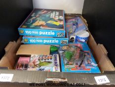 A box of Thunderbirds related items including Penelope Pitstop car, puzzles,