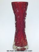 Geoffrey Baxter for Whitefriars ruby red textured bark glass vase of double tapering form (29.
