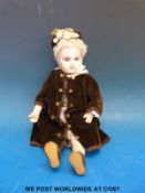 Bebe Jumeau bisque-headed doll with fixed blue hand blown glass paperweight eyes, pierced ears,