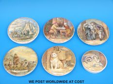 A collection of six Prattware pot lids to include Red Riding Hood, Uncle Toby, A Pair, Low Life etc.