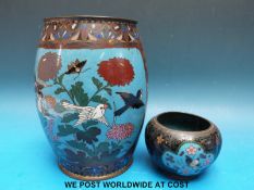 A 19thC cloisonné vase (18cm) and smaller pot decorated with birds and floral design