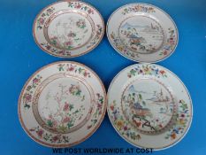 A pair of 19thC Chinese export plates depicting lake scenes with floral borders and a another pair