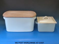 A large ceramic bread bin with wooden lid (44cm long) and a square ceramic lidded crock (24cm