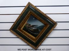 A pair of framed paintings on glass of steam trains (height 59cm overall)