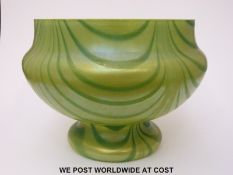 Kralik Blue Wave on gold iridescent glass vase of bulbous stepped form raised on single pedestal