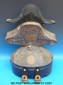 A late 19thC Naval Bicorn Officers 'Fore and Aft' style hat 6 7/8, in original metal case, marked W.