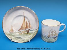 A Royal Crown Derby coffee can and saucer hand decorated with scenes of sailing ships under full