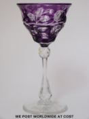 Joshua Hodges flash overlaid amethyst wine glass with etched decoration of fruiting plants to the