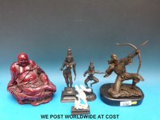 Three Indian bronzed figures to include two deities and a warrior together with a resin model of a