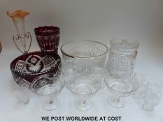 A quantity of glassware to include flash overlaid glass vase and bowl,