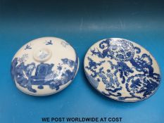A Chinese blue and white plate together with a similar covered dish