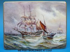 A Royal Crown Derby porcelain free standing hand plaque decorated with scenes of sailing ships