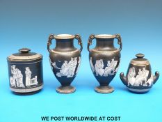 Four Prattware or Pratt of Fenton 'Old Greek' pattern vases, tobacco jar etc (tallest 16.