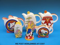 A collection Art Deco style teapots based on the designs of Clarice Cliff and produced by Wedgwood
