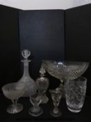 Seven pieces of clear glassware to include a hallmarked silver mounted cut glass scent bottle with