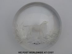 William Fritch glass paperweight featuring a pointer dog in long grass, signed to base (8.