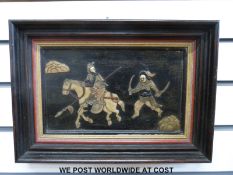 A Japanese Shibayama table top converted to a framed picture (18 x 28cm) depicting a mounted figure