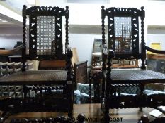 A set of 6 (4+2) antique oak and cane chairs with twist supports