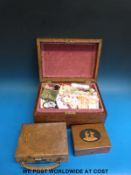 An inlaid workbox with sewing related contents,