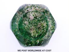 Baccarat rock or sand dune faceted glass paperweight with three stalagmite formations on moss green