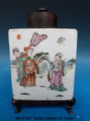 A 19thC Chinese tea caddy on stand decorated with court figures (16.