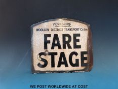 A Yorkshire Woollen District Transport Co Ltd fare stage double sided enamel sign (width 30cm)