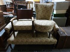 A 19thC upholstered inlaid walnut framed sofa with two similarly upholstered chairs