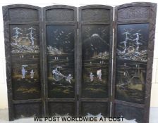 A Japanese mother of pearl inlaid four fold screen
