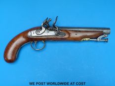 A private purchase hammer action flintlock new land pistol with rolled frizzen, brass mounts,
