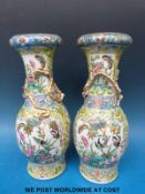 A pair of Chinese vases decorated with birds, insects, flowers and a relief moulded dragon (25.