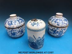 A pair of Chinese blue and white lidded rice bowls depicting figures and a lidded Chinese blue and