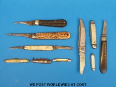 Ten various folding knives and multitools