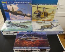 Five model kits to include Trumpeter C-47A Skytrain and F200C-4 Condor, Revell Memphis Belle,