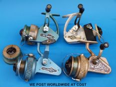 Four vintage fixed spool fishing reels including Ambidex casting reel, Sealey Flocast,