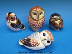 Four Royal Crown Derby owls to include tawny, barn and little owls.