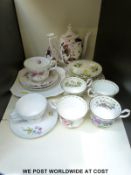 Decorative cups and saucers including Shelley, Royal Albert,
