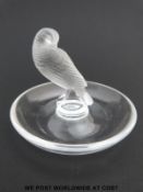 Lalique glass pin/ring dish featuring a frosted bird to the centre,