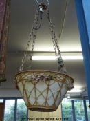 A Victorian glass metal mounted plafonnier in the form of a basket with curved glass panels,