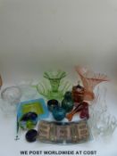 A collection of clear and coloured glassware to include Mdina scent bottles, Bristol,