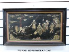 A c19thC Japanese Shibayama table top converted to a framed picture (29 x 58cm) depicting a