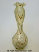 Vaseline glass vase of double gourd form with wavy rim and pulled cream and brown decoration raised