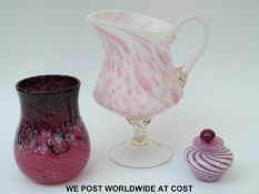 Monart style glass vase with millefiori and mottled black decoration over mottled pink ground (15.