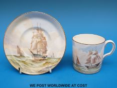 A Royal Crown Derby coffee can and saucer hand decorated with scenes of sailing ships under full